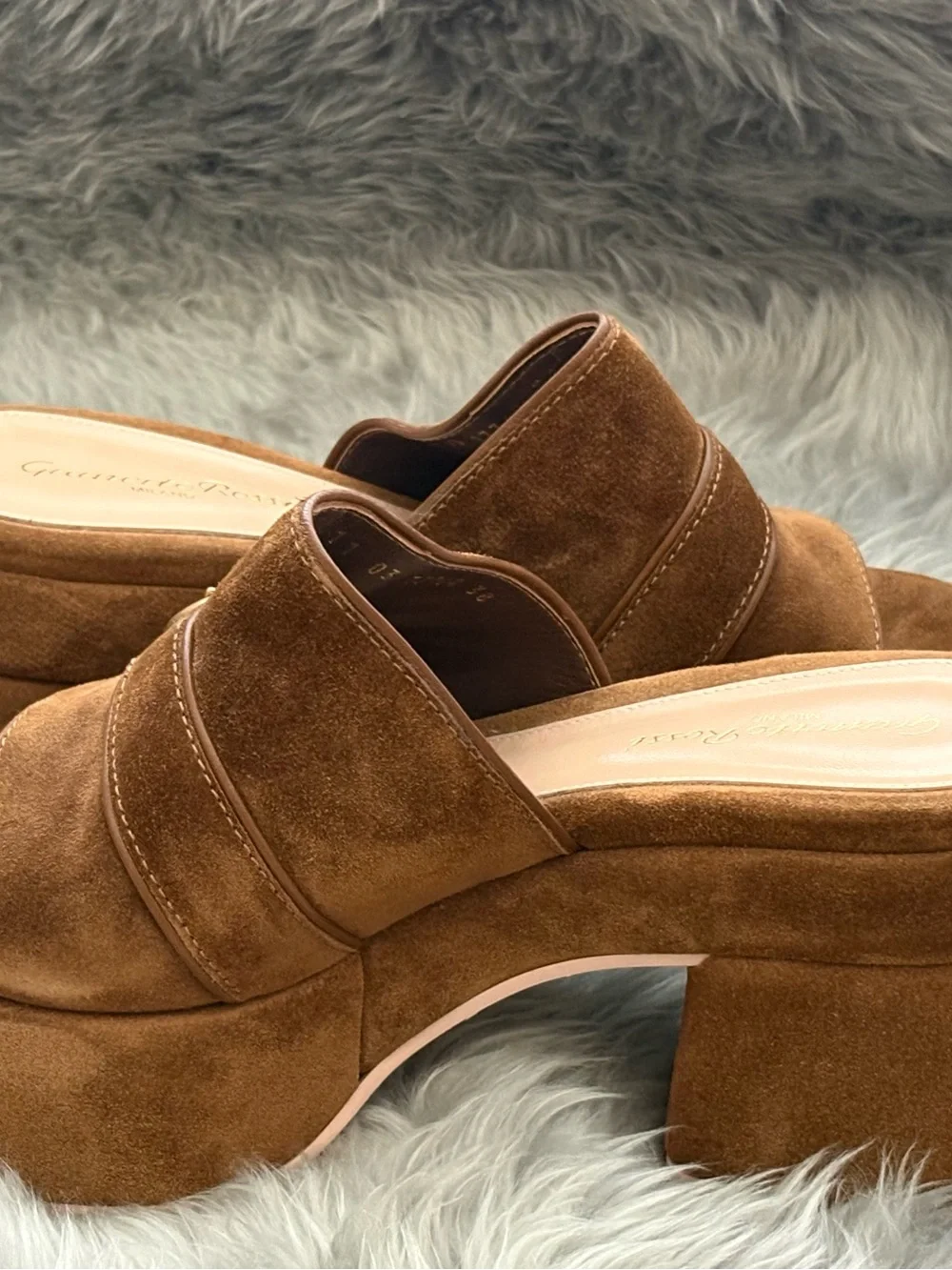 Gianvito Rossi Brown Suede Platform Mule Slides with Gold Buckle